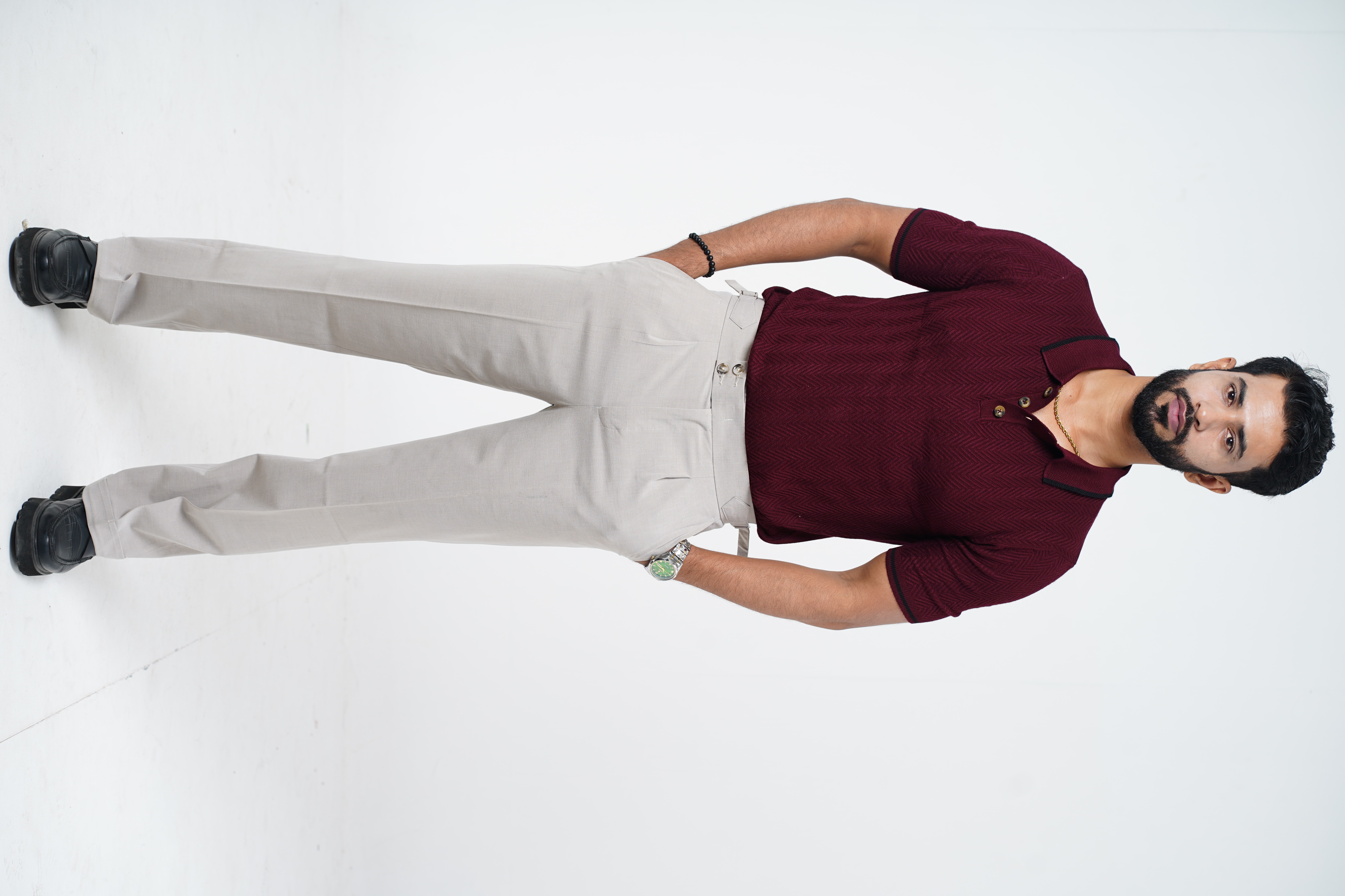 Herringbone wave pattern blood red knitted polo