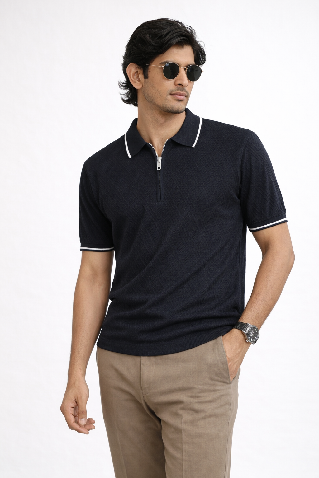 Blue Textured Zip Polo
